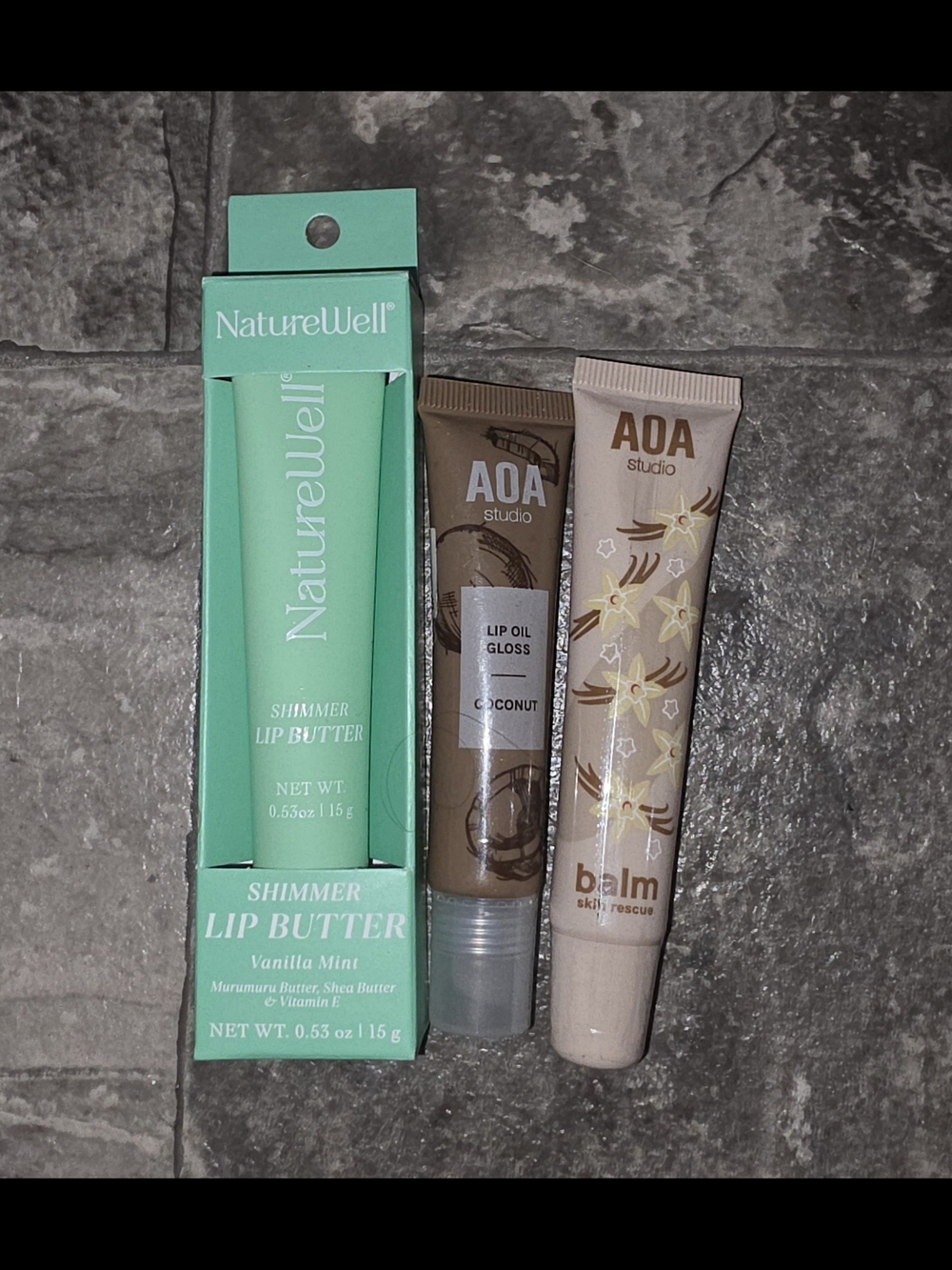NatureWell Shimmer Lip Butter, AOA Studio Balm Skin Rescue & Lip Oil Gloss BNIB
